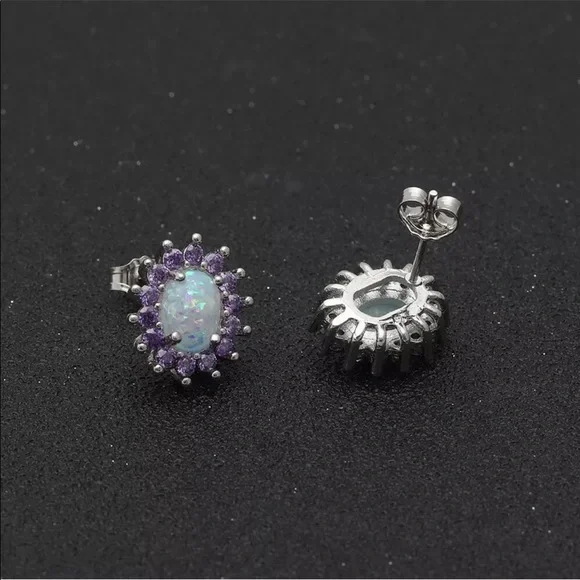 New Opal Oval Amethyst Stud Earrings - Picture 5 of 7